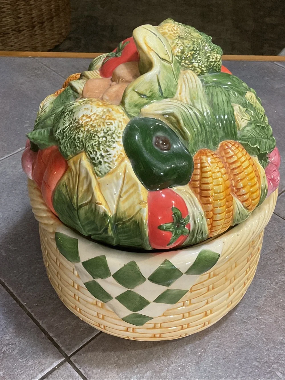 Ceramic Vegetable Basket Cookie Jar - Colorful Farmhouse Fruit & Veg Motif